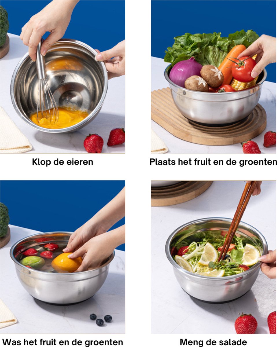 Livista® RVS Mengkommen Set - 5-delig - Saladeschalen en Keukenkommen - Verstevigd en Duurzaam - Antislip Siliconen Bodem - Inclusief Deksel