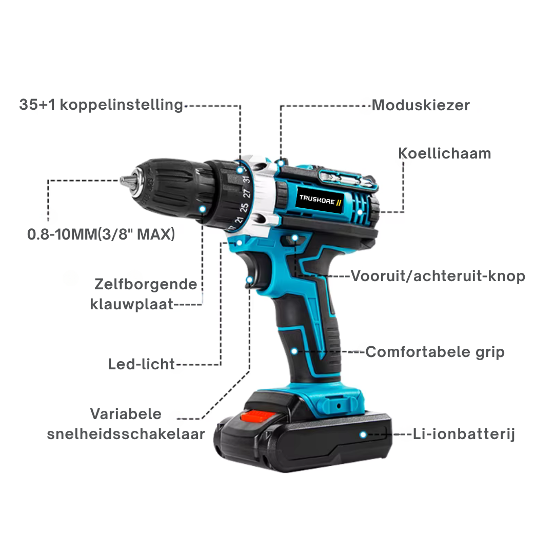 Truskore Draadloze Boormachine – Compacte Elektrische Boor & Schroevendraaier – Inclusief 2 Oplaadbare Batterijen – Ideaal voor Klusjes in en om het Huis – Met Gereedschapsset