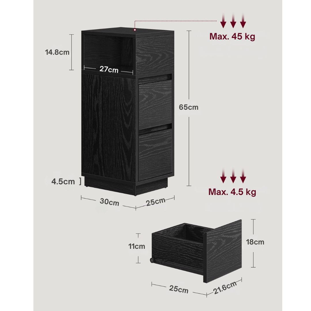 Livista Nachtkastje – Set van 2 – Smalle Bijzettafels – met 2 Lades – Flexibel Open Vakken – Ruimtebesparend – Voor Slaapkamer of Woonkamer – Zwart