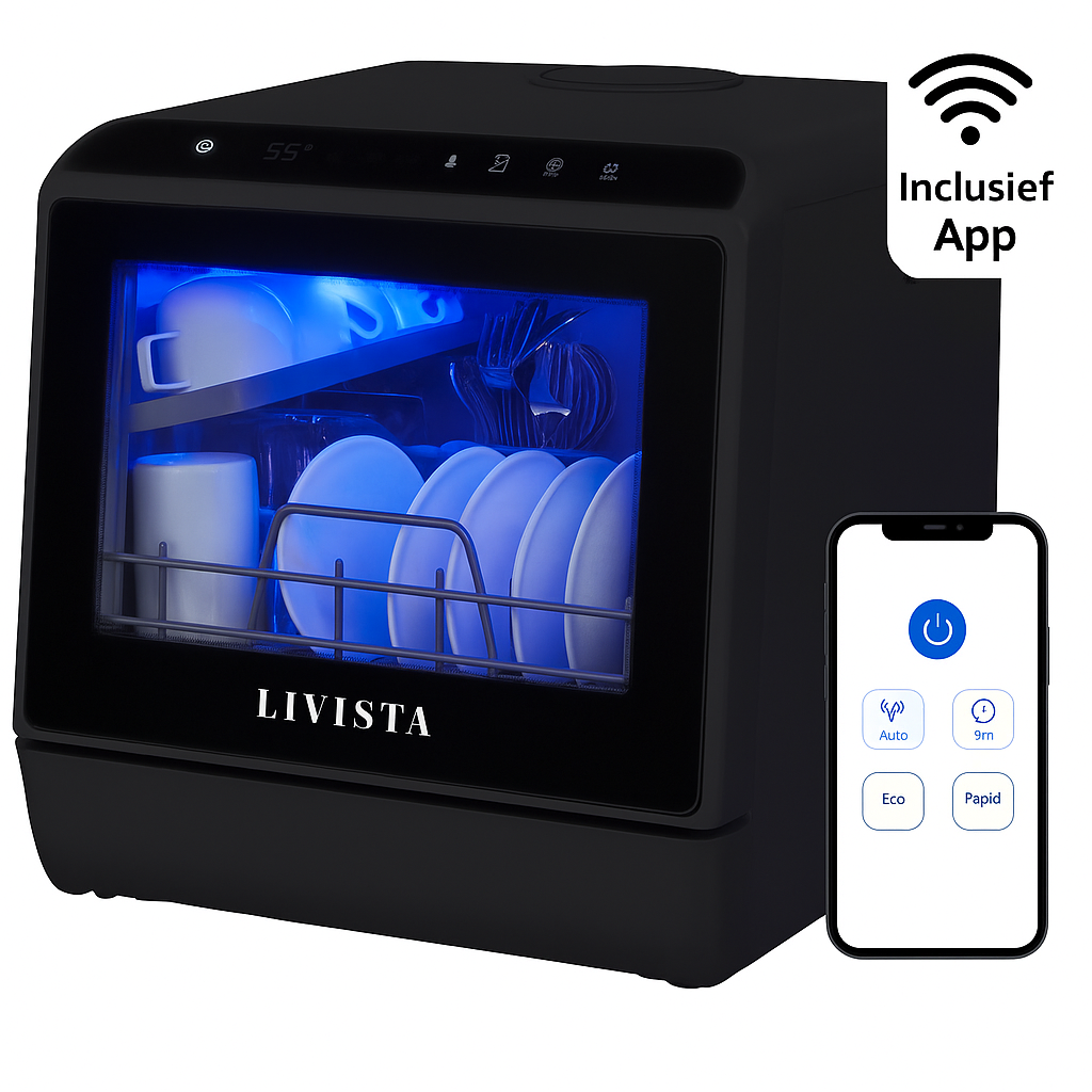 Livista Mini Vaatwasser incl APP - Vaatwasser - Vaatwasser Vrijstaand - Afwasmachine - Camping Vaatwasser - Zwart