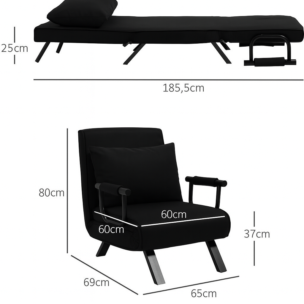 Livista 3-in-1 Uitklapbare Slaapstoel Belastbaar Tot 100 kg Zwart - Inklapbare Slaapbank Met Verstelbare Rugleuning - Modern Design Logeerbed - Slaapfauteuil