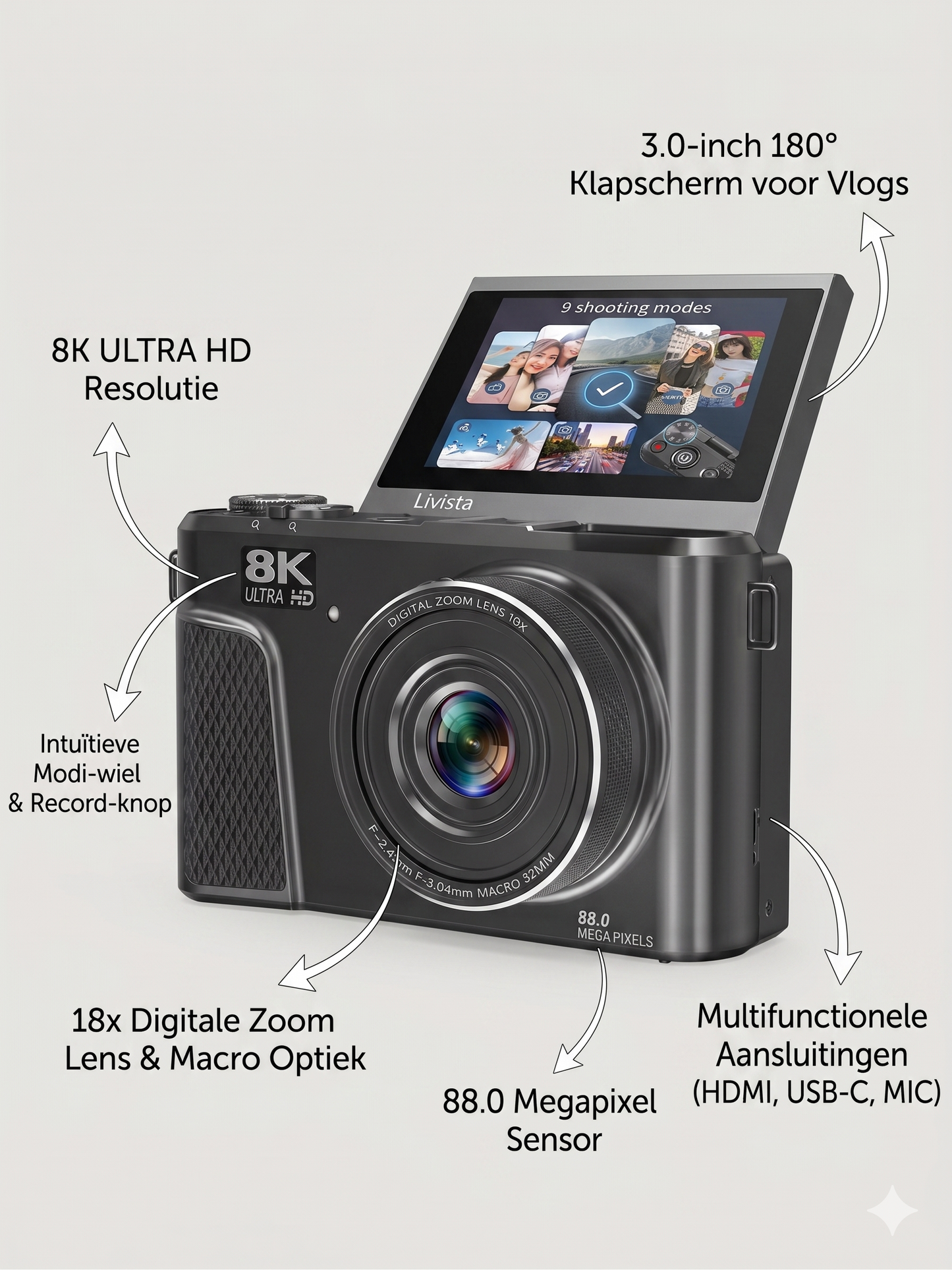 Livista Digitale Camera 8K - 88MP - 18X Digitale Zoom - WiFi - 3.0" UHD-display - Fototoestel - Mini Camera - Fotocamera - Compact Camera - Incl. 64GB SD Kaart - Vlog Camera voor Kinderen