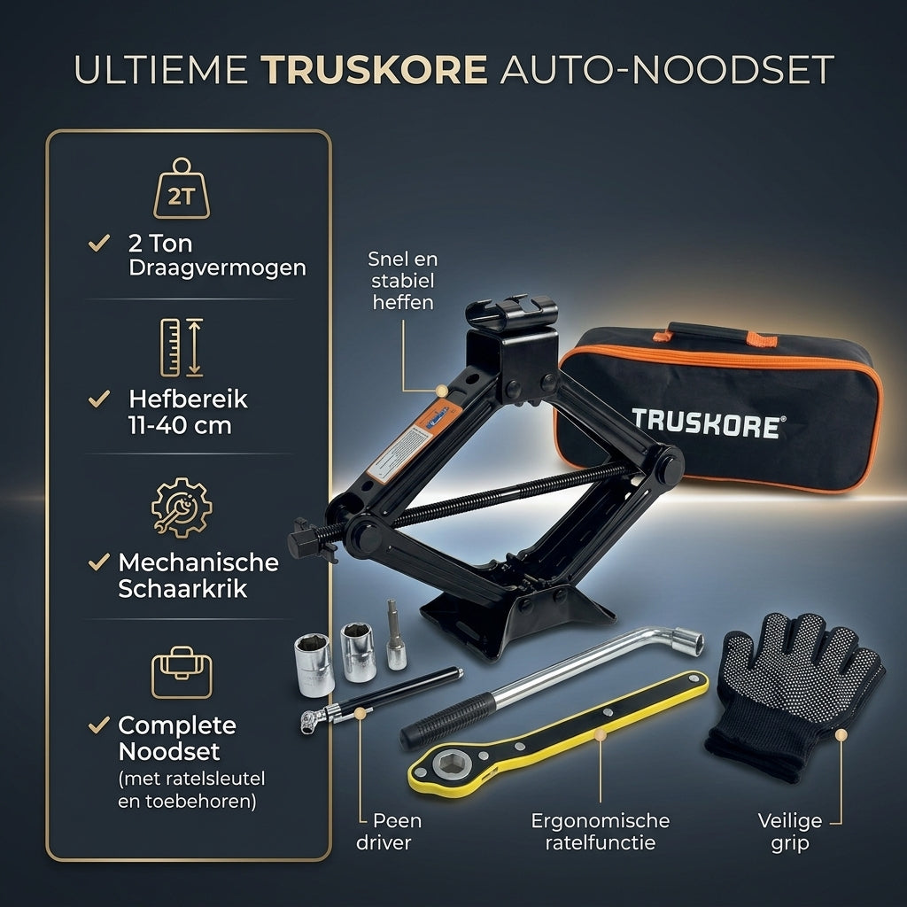 Truskore Autokrik - Schaarkrik Set - Garagekrik - Hydraulische Krik - Gereedschapsset - Incl Opbergtas - 2000 kg Hefvermogen - Zwart