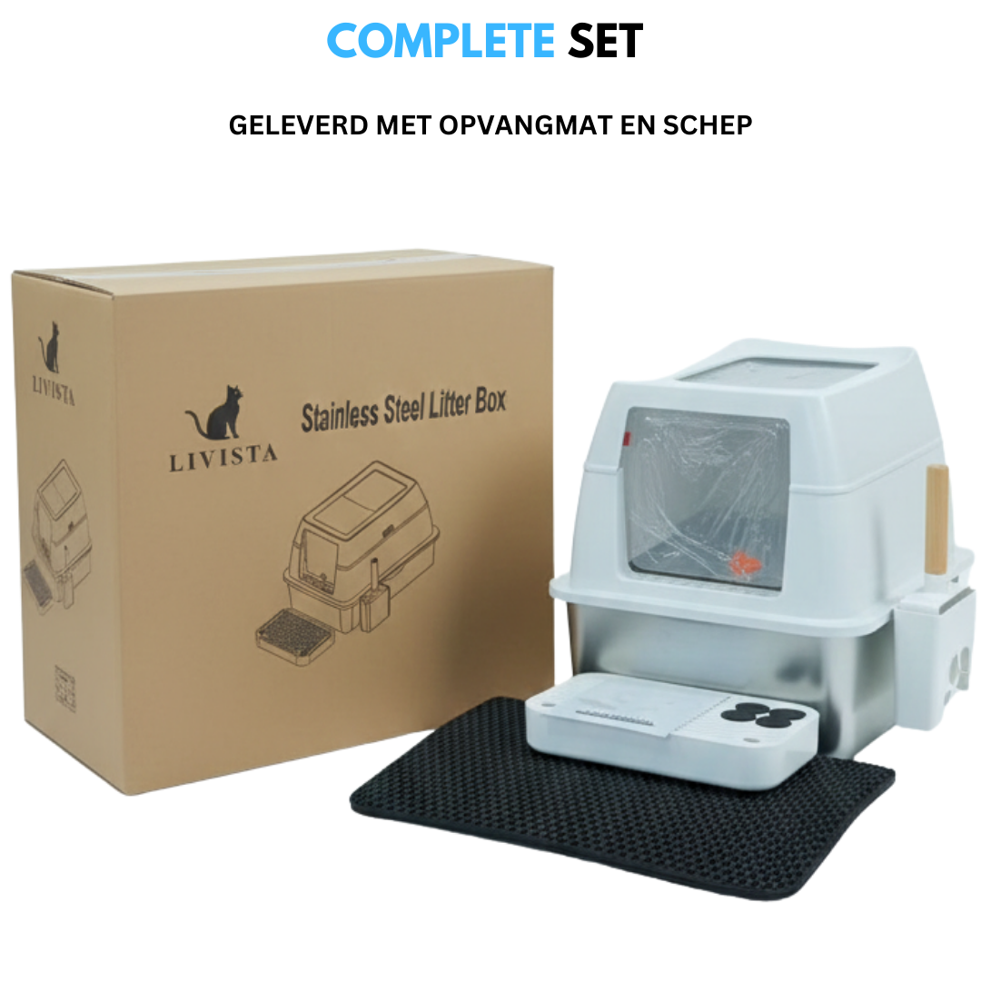 Livista RVS Kattenbak - Kattentoilet Roestvrijstaal - Incl. Kattenbakschep met Houder en Gritopvang Opstapje - 2 in 1 Open Kattenbak met Afneembare Deksel - 60x40x38cm - Wit