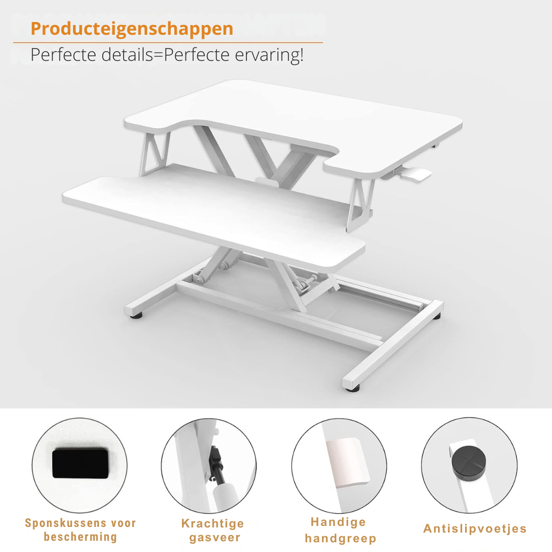 Livista Sit-Stand Desk Gas-Spring - Laptoptafel - Zit Sta Bureau - Computertafel - Zit Sta Verhoger - Bureautafel - Groot Scherm en Toetsenbord Blad - Ruimte voor 2 Schermen - Nieuw Model - Wit