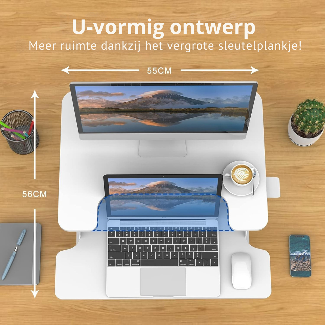 Livista Sit-Stand Desk Gas-Spring - Laptoptafel - Zit Sta Bureau - Computertafel - Zit Sta Verhoger - Bureautafel - Groot Scherm en Toetsenbord Blad - Ruimte voor 2 Schermen - Nieuw Model - Wit