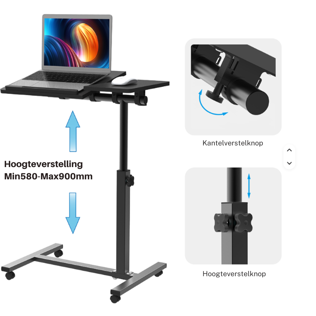 Livista Laptoptafel - Bedtafel met wieltjes - Bedleestafel - Laptop Standaard - Bijzettafel op wielen - Zit Sta Bureau - In hoogte verstelbaar - Maximale hoogte 90 cm