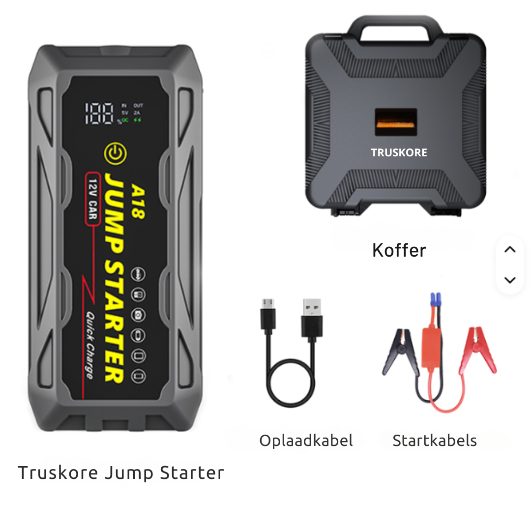 Truskore 12V Jumpstarter - 3000A/20.000 mAh – Startkabels Met Powerbank - Starthulp Voor Auto’s Met LED- en SOS Noodlicht- Incl. Koffer