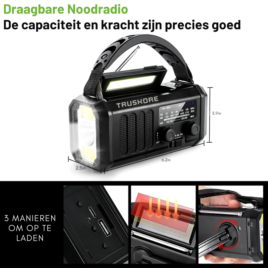 Truskore Noodradio - Solar Opwindbaar - 10.000mAh - Solar powerbank - Zonneenergie - Survival Noodpakket - Zaklamp Oplaadbaar - Noodpakket - Noodrantsoen - Zwart