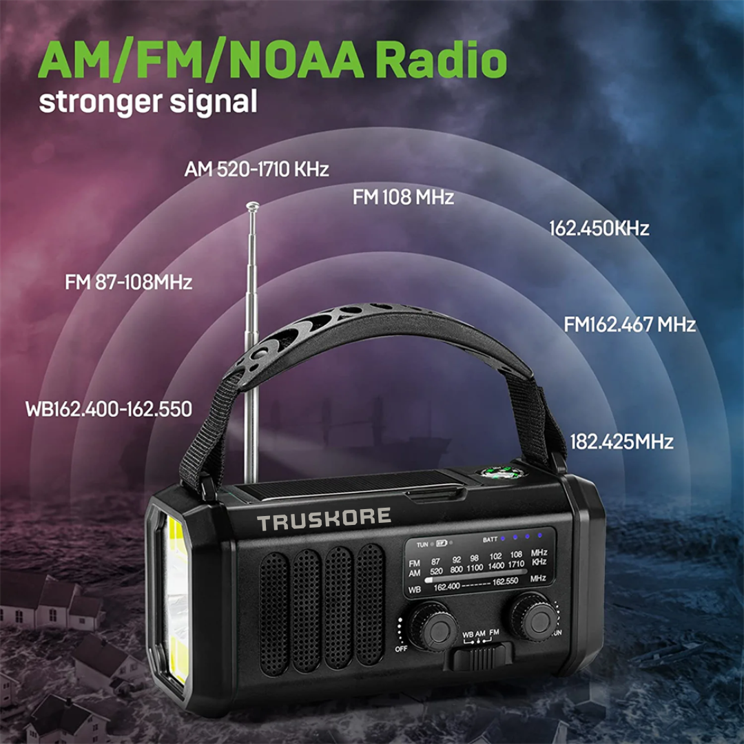 Truskore Noodradio - Solar Opwindbaar - 10.000mAh - Solar powerbank - Zonneenergie - Survival Noodpakket - Zaklamp Oplaadbaar - Noodpakket - Noodrantsoen - Zwart