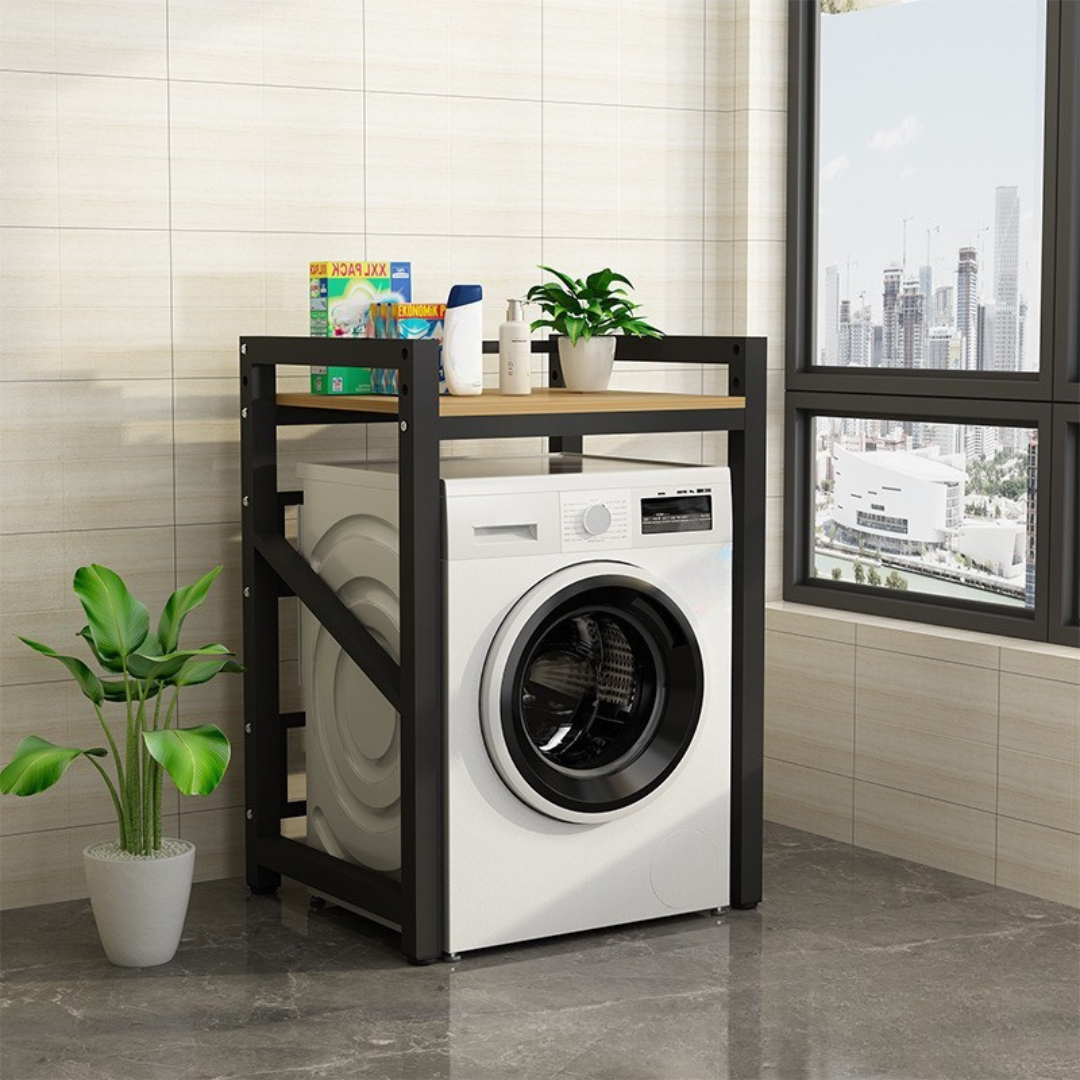 Livista Wasmachinerek – 200 kg Draagvermogen – Ruimtebesparende Wasmachine Organizer – Versterkt Stalen Frame – 3 Hoogtestanden – Water-, Kras- en Hittebestendig Werkblad – Antislip Voetjes – zwart/hout