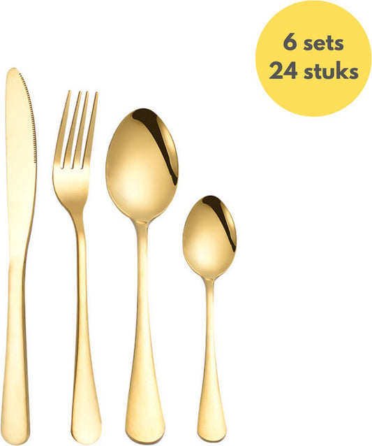 Livista® Luxe Goudkleurige Bestekset - 24 stuck - 6 set - Mes, Vork en Lepel - Roestvrij Staal - Elegant en Duurzaam Ontwerp