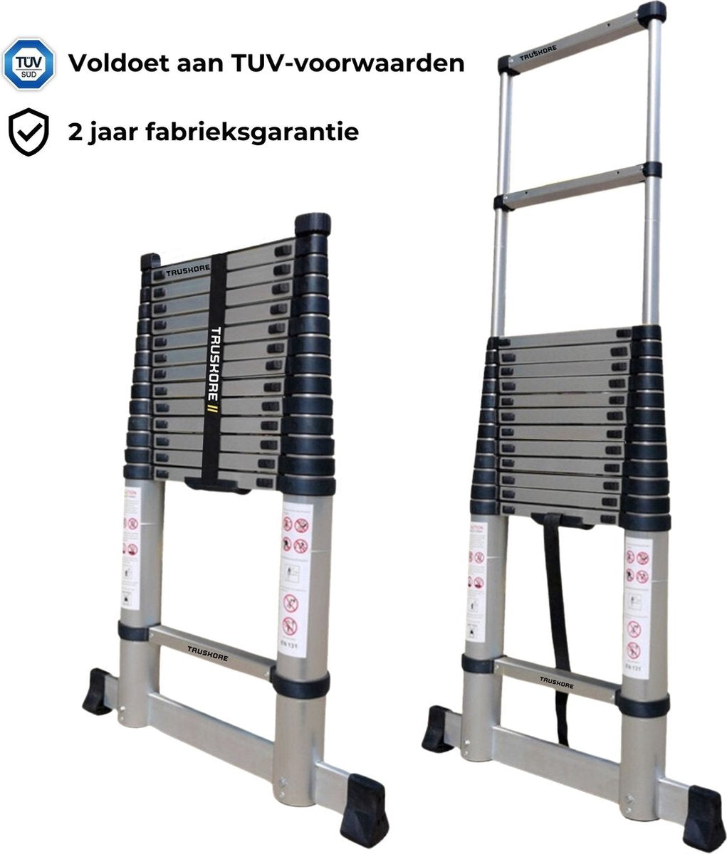 Truskore® Telescopische ladder 2.0 meter - Aluminium - Professionele Vouwladder - Telescoop ladder - Stevig & Vertrouwd - Soft Close - Volgens EU en NL veiligheidsnormen