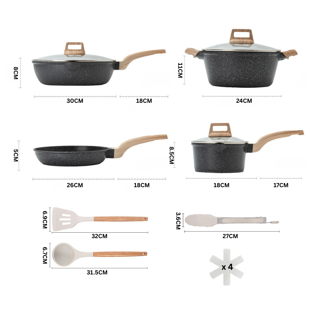 Livista Pannenset 14-delig – Wokpan, Koekenpan, Soeppan & Steelpan – Inclusief Keukengerei – – Makkelijk Schoon te Maken – Geschikt voor Inductie – Zwart