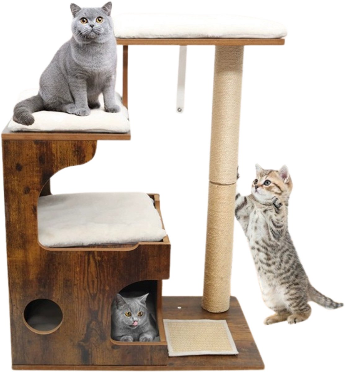 Livista® Kattenhuis - Kattentoren met Pluche Kussen - Duurzaam Houten Design - Sisal Krabzuil - 66x42x88 CM