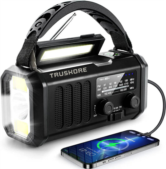 Truskore Noodradio - Solar Opwindbaar - 10.000mAh - Solar powerbank - Zonneenergie - Survival Noodpakket - Zaklamp Oplaadbaar - Noodpakket - Noodrantsoen - Zwart