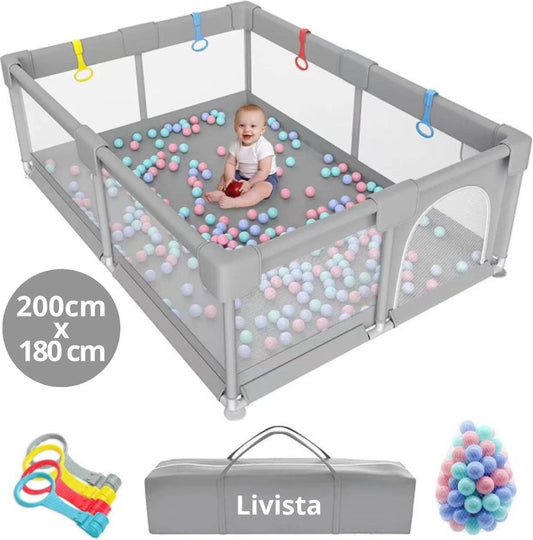 Livista Grondbox - Speelbox - Baby boxen - Kruipbox voor Baby - Playpen - Kinderbox - Met 60x Oceaan Ballen - Met trekring - 200 x 180 x 65cm - Grijs