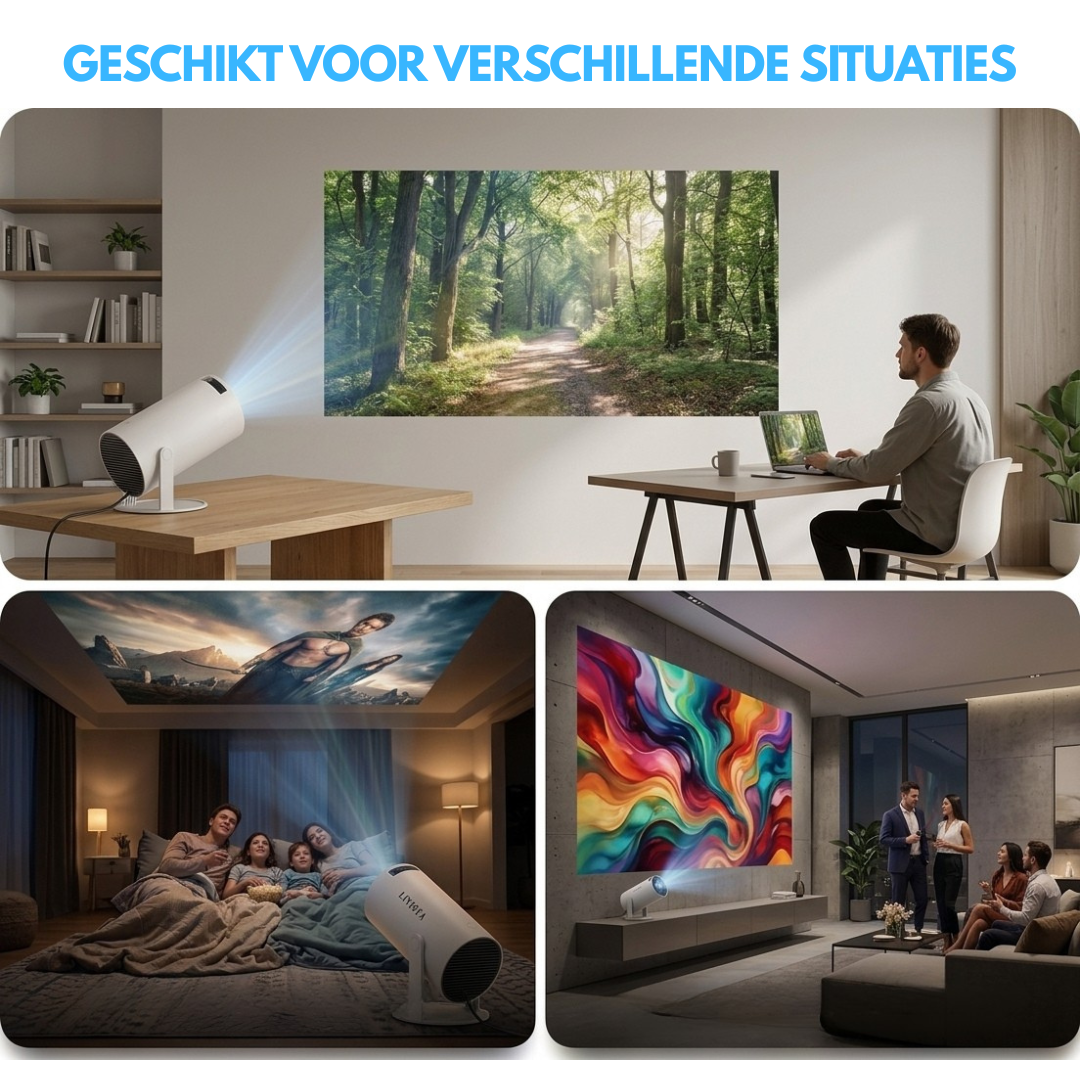 Livista Smart Mini Beamer – 4K Ondersteuning – Android 13 – WiFi 6 & Bluetooth 5.0 – Auto Keystone – Draagbare HD Projector – Voor Thuisbioscoop, Gaming & Presentaties – Geschikt voor IOS en Android – Wit