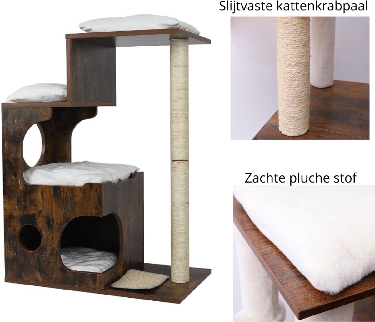 Livista® Kattenhuis - Kattentoren met Pluche Kussen - Duurzaam Houten Design - Sisal Krabzuil - 66x42x88 CM