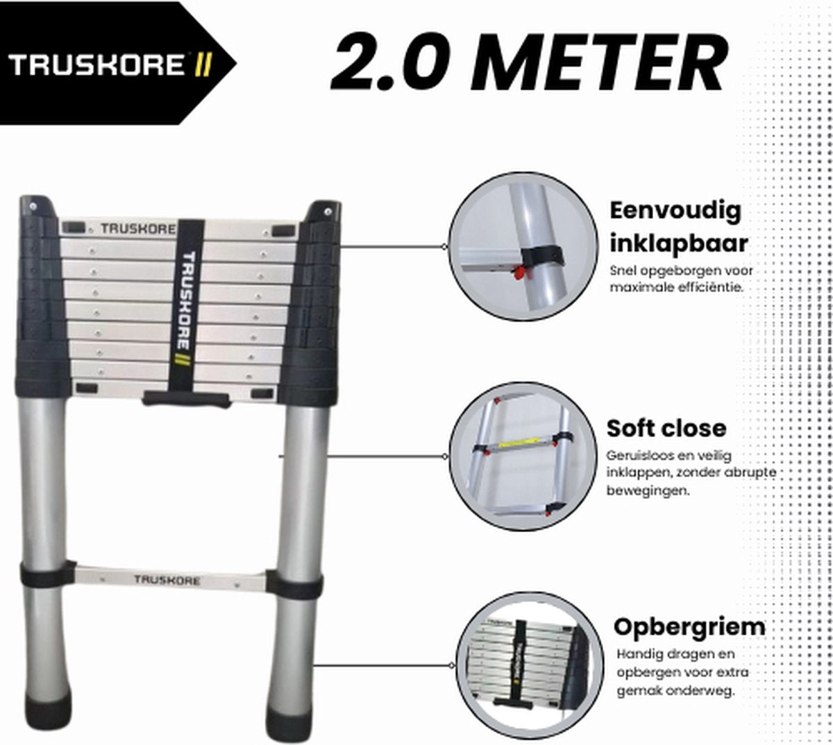 Truskore® Telescopische ladder 2.0 meter - Aluminium - Professionele Vouwladder - Telescoop ladder - Stevig & Vertrouwd - Soft Close - Volgens EU en NL veiligheidsnormen