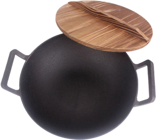 Livista Gietijzeren Pan – Ø36 cm – Met Houten Deksel – Verdikt Ontwerp voor Gelijkmatige Verwarming – Snelle Warmtegeleiding – Geschikt voor Alle Soorten Fornuizen – Multifunctioneel Koken