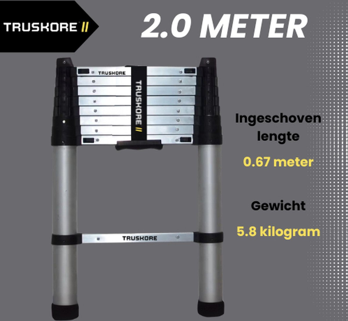 Truskore® Telescopische ladder 2.0 meter - Aluminium - Professionele Vouwladder - Telescoop ladder - Stevig & Vertrouwd - Soft Close - Volgens EU en NL veiligheidsnormen