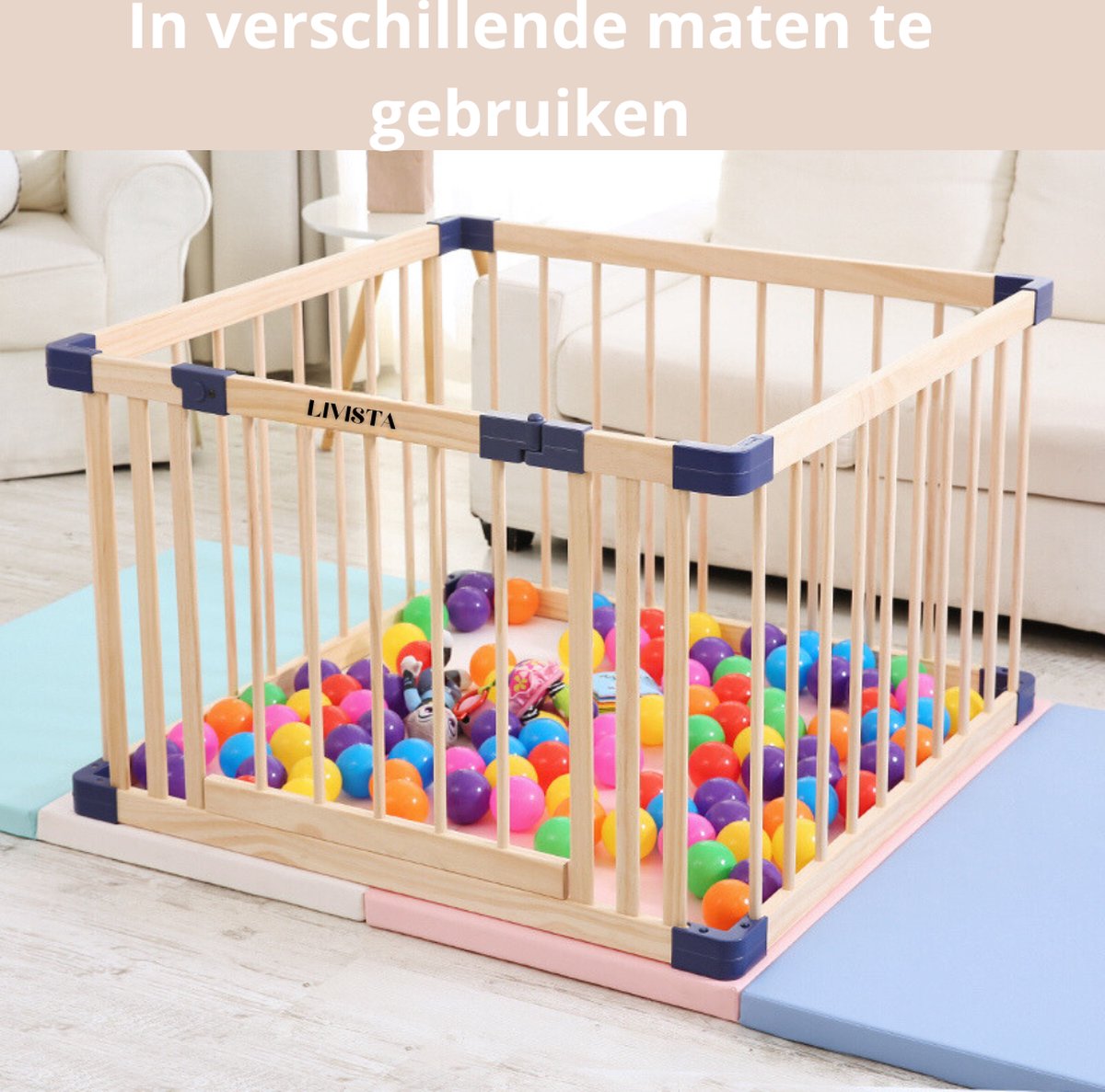 Livista Grondbox baby - Inklapbare box - Speelbox - Playpen baby - Babypark - Kruipbox – Kinderbox – Baby box – Blauwe Connectoren - Slim Kliksysteem - Hout - 170x170x61 CM