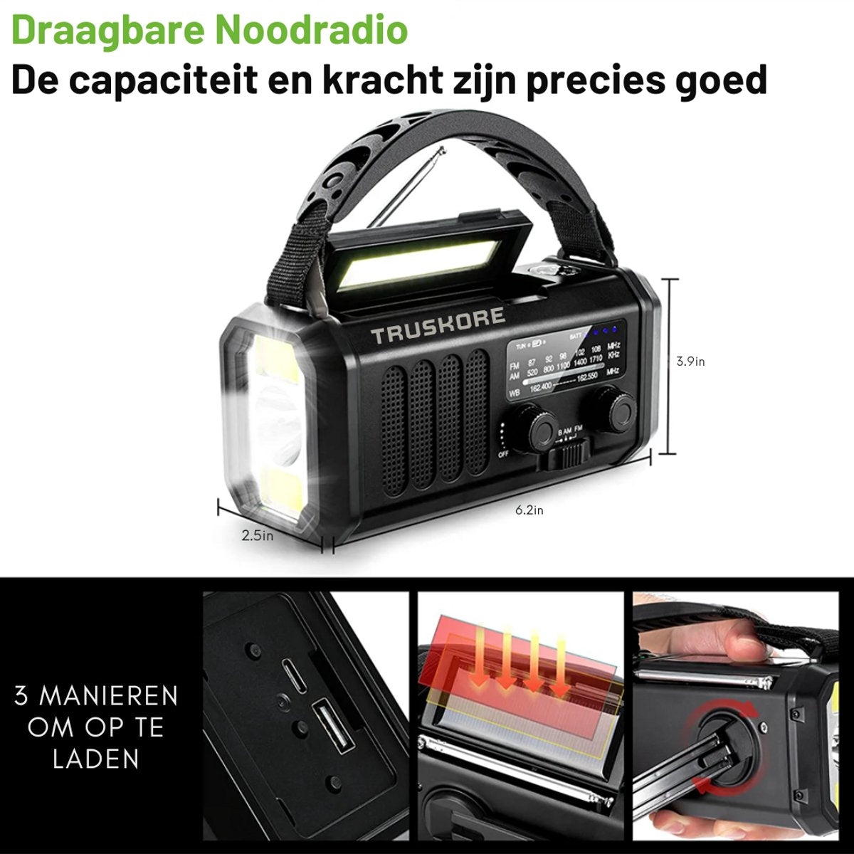Truskore Noodradio - Solar Opwindbaar - 180 Uur Batterij - Noodpakket - Draagbare Radio - 20.000 mAh - Met Zonnepaneel