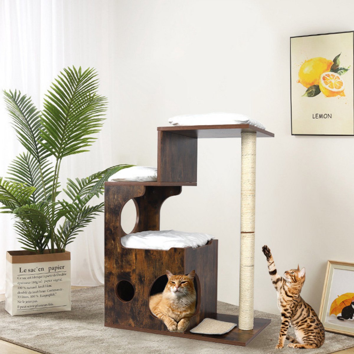 Livista® Kattenhuis - Kattentoren met Pluche Kussen - Duurzaam Houten Design - Sisal Krabzuil - 66x42x88 CM
