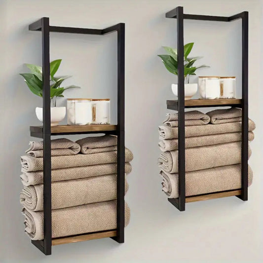 Livista Wandrek met 2 Houten Planken – Handdoekenrek & Opbergrek – Industrieel Design – Hout en Metaal – 77x28.5x14 cm