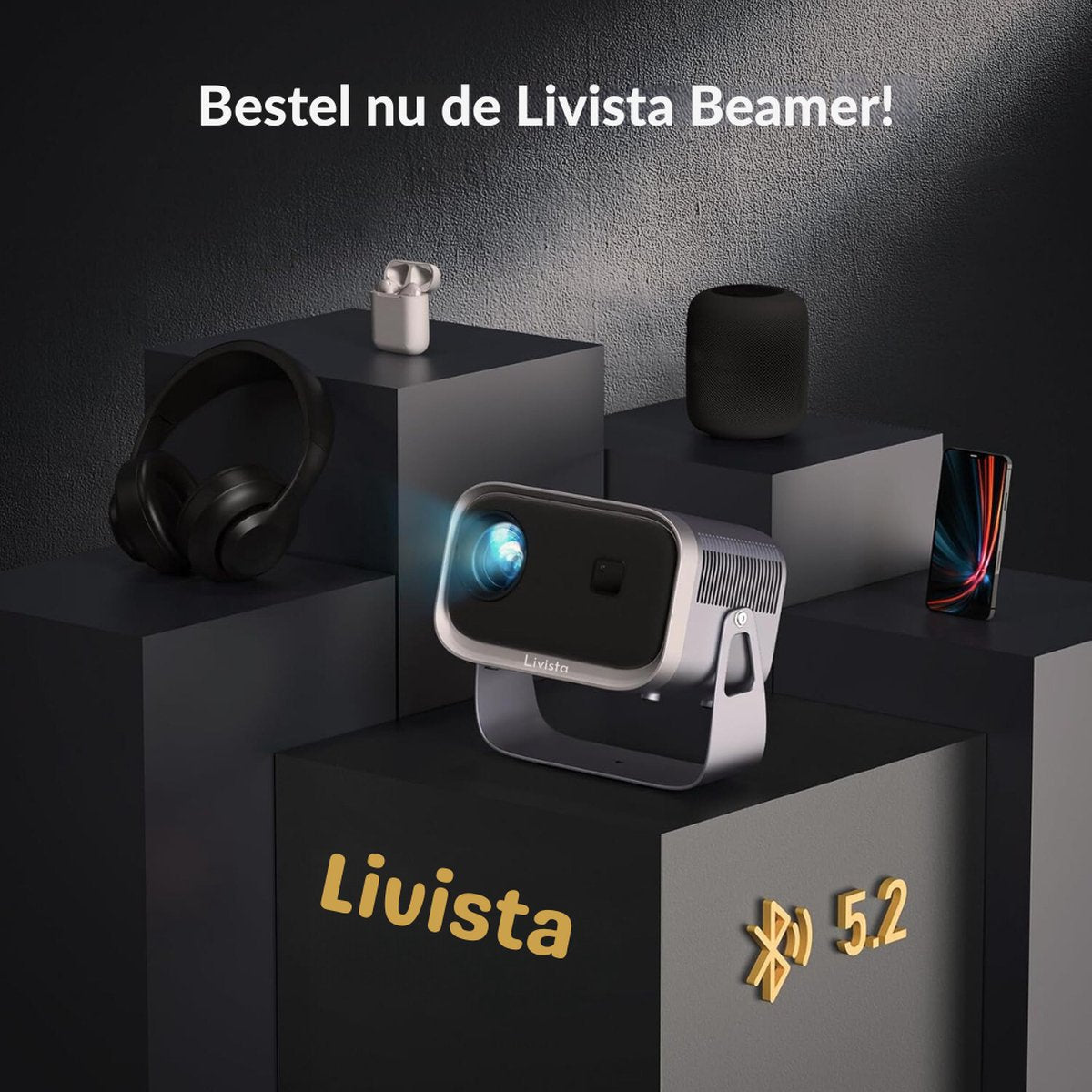 Livista Smart Beamer 4K - Bluetooth - Wifi - Android - Airplay - Projector Scherm - Mini Beamer - Home cinema - Draagbaar - Grijs