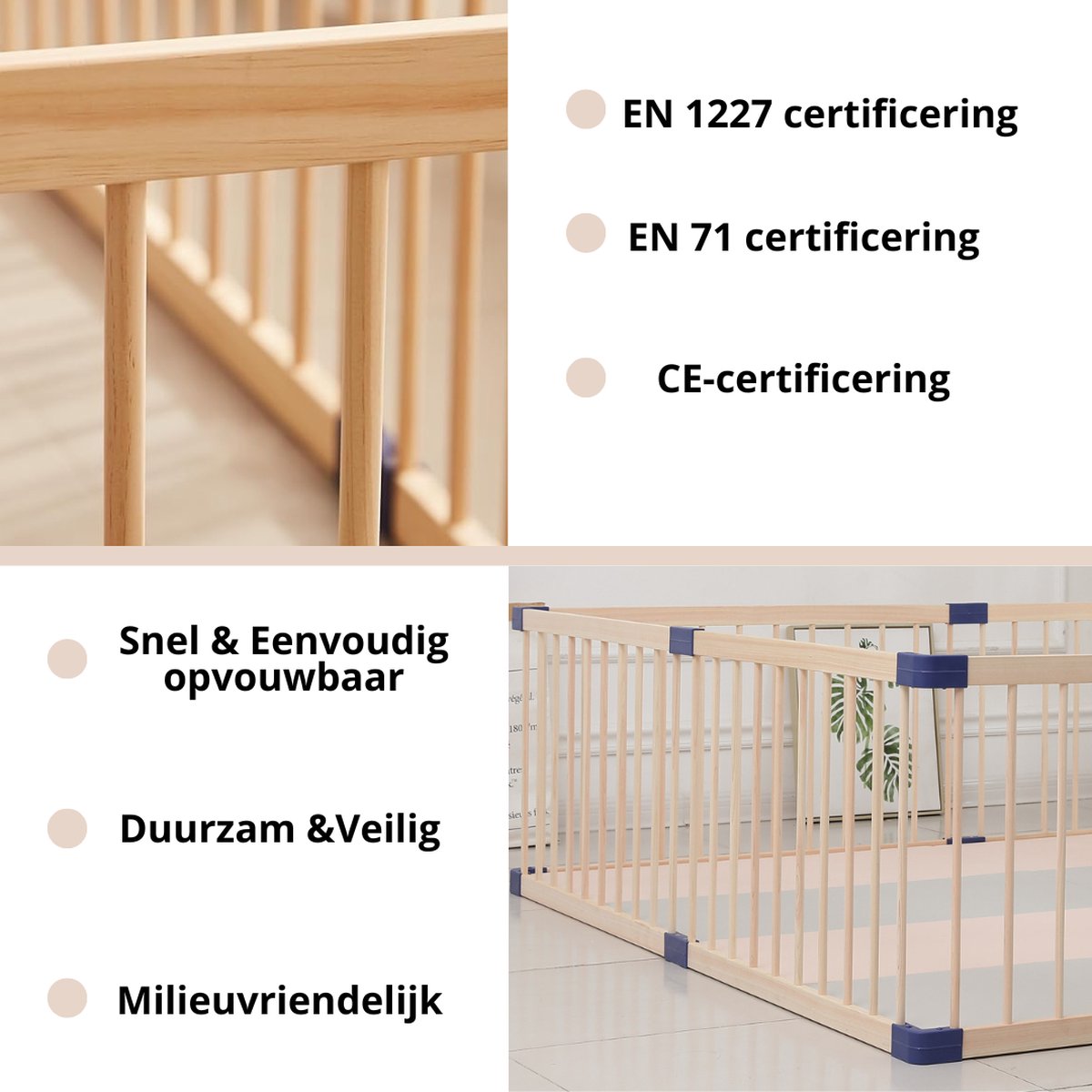 Livista Grondbox baby - Inklapbare box - Speelbox - Playpen baby - Babypark - Kruipbox – Kinderbox – Baby box – Witte Connectoren - Slim Kliksysteem - Hout - 190x190x61 CM
