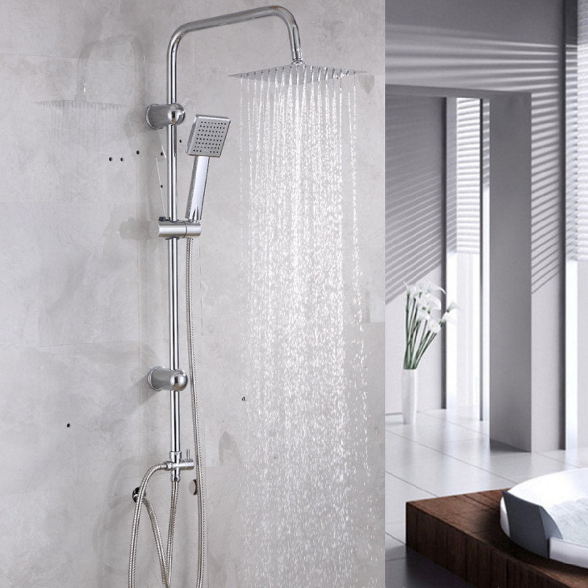 Livista® - Douche Set - Regendouche en Handdouche - Verstelbare Hoogte 75-105 cm - Vierkant Design - Electroplated Zilverkleurige Afwerking - Duurzame Messing Omsteller voor Badkamer