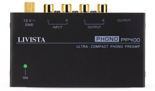 Livista premium platenvoorversterker – geschikt voor platenspelers – met RIAA-correctie – RCA audio-in- en uitgang – metalen behuizing – zwart