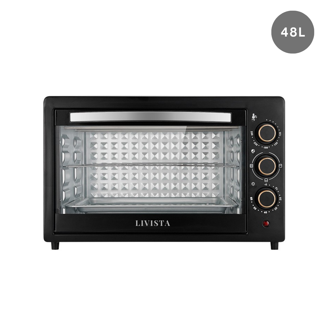 Livista® Vrijstaande Oven – 48L – Dubbele Verwarming – 120–250 °C – RVS Binnenkant – Gehard Glas – Perfect voor Bakken, Braden en Grillen