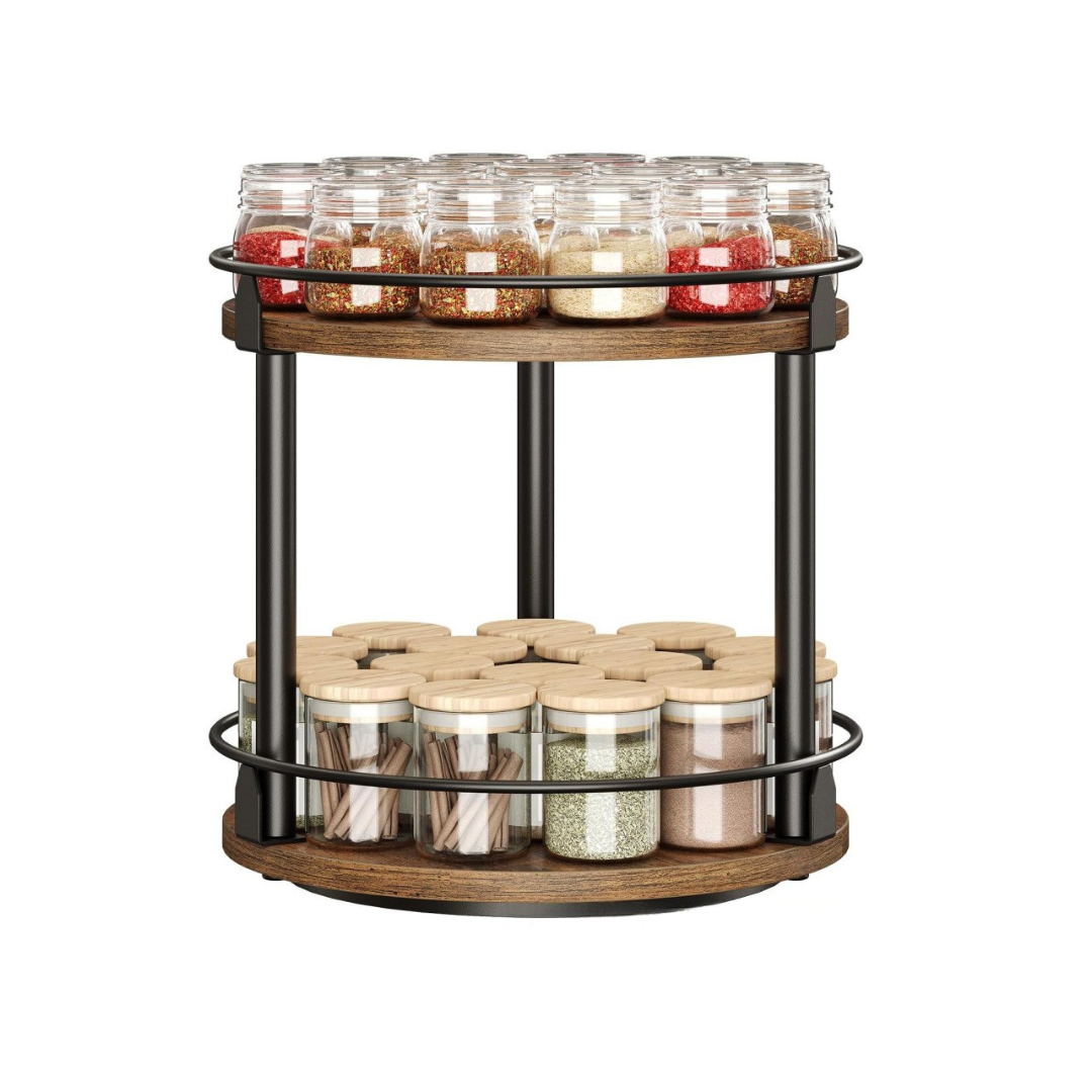 Livista Draaibaar Kruidenrek – 2 Lagen – Kruiden Organizer – Met 360° Rotatie – Keuken Organizer – Zwart/Hout