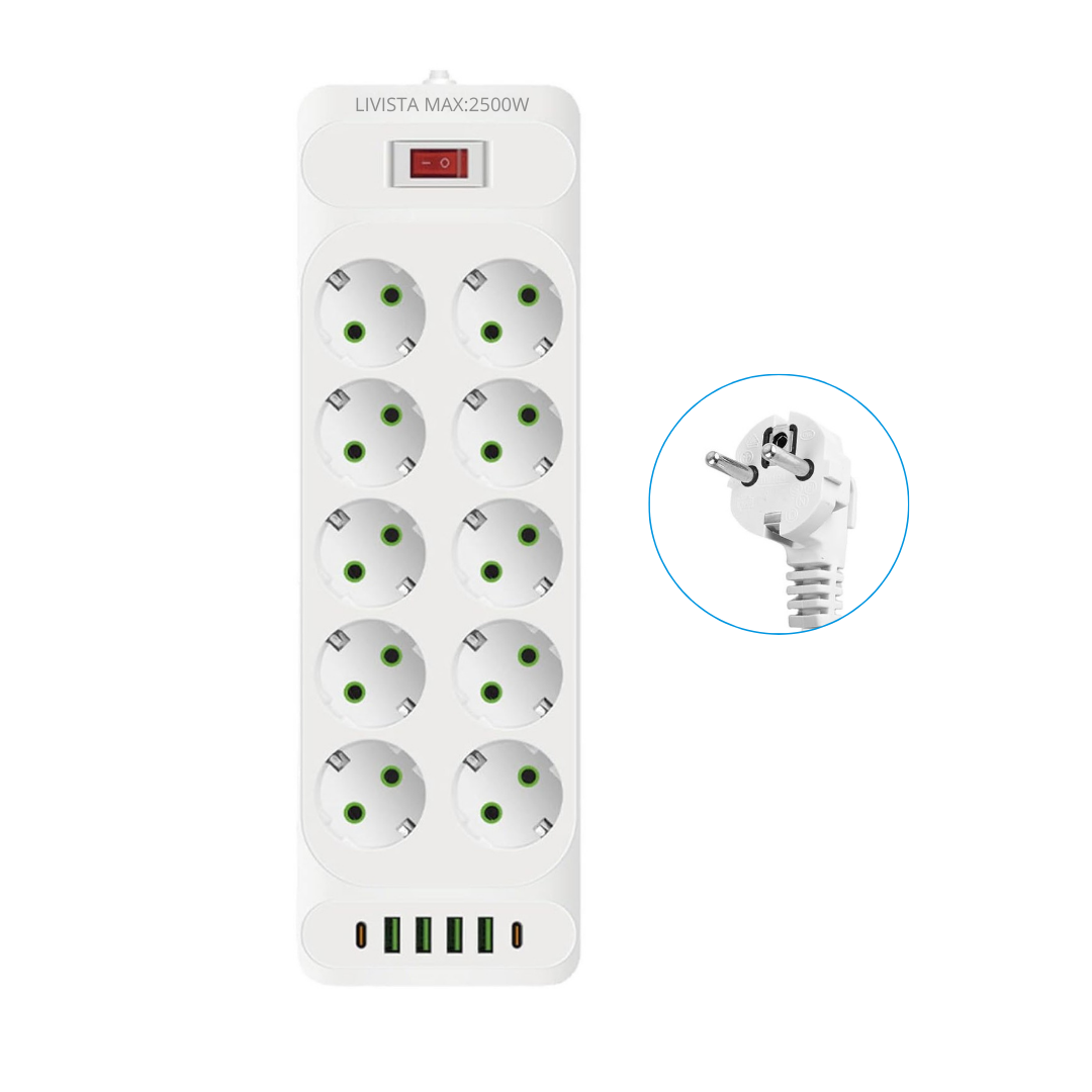 Livista Stekkerdoos – met Schakelaar 16-voudig – 2 Meter Verlengsnoer – 2500W– USB & USB-C – Overspanningsbeveiliging – Wit