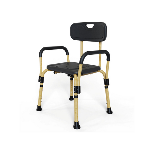 Livista Douchestoel - Verstelbare Hoogte 74-87cm - Geïntegreerde Douchekruk - Max. 150KG - Met Rugleuning en Armleuningen - Inclusief Douchekophouder - Antislippoten - Zwart/Houtnerf