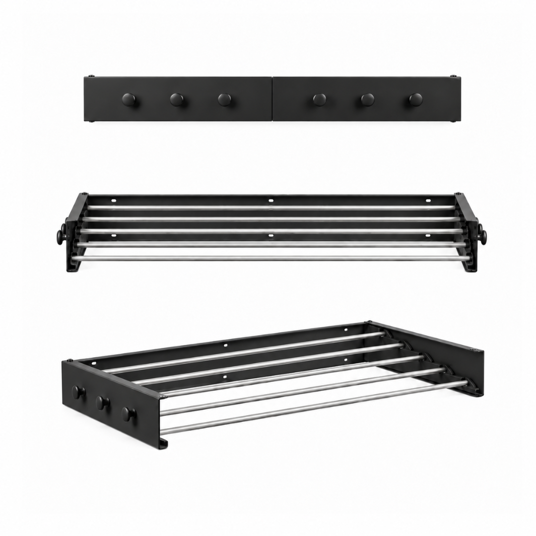 Livista Wanddroogrek Inklapbaar – Opvouwbaar Wasrek voor Wandmontage – Stevig en Ruimtebesparend – Voor Binnen & Buiten– 100x50x10,5 cm – Met 6 Haken – Zwart