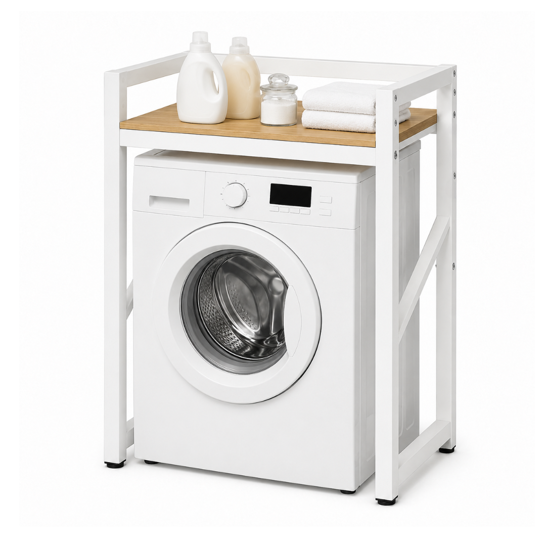 Livista Wasmachinerek - Wasmachine kast - Badkamerrek – Ruimtebesparende Wasmachine Organizer – Stalen Frame – 3 Hoogtestanden – Water-, Kras- en Hittebestendig Werkblad – Antislip Voetjes – 200 kg Draagvermogen - Wit/Hout