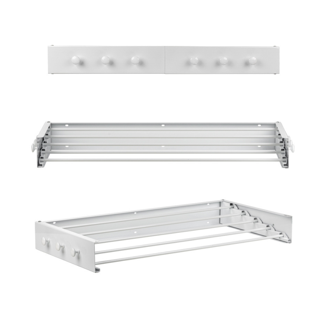 Livista Wanddroogrek Inklapbaar – Opvouwbaar Wasrek voor Wandmontage – Stevig en Ruimtebesparend – Voor Binnen & Buiten– 100x50x10,5 cm – Met 6 Haken – Wit