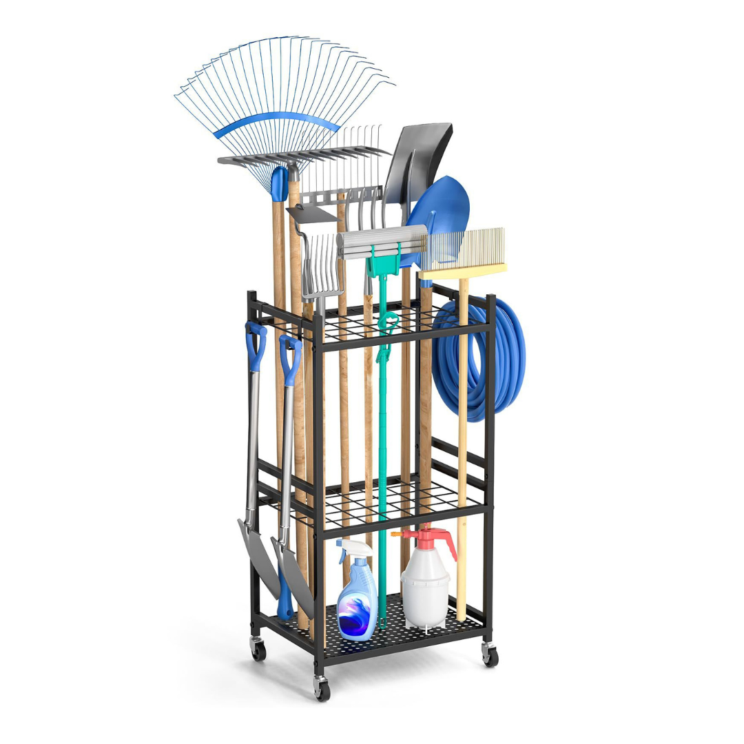 Livista Verrijdbaar Gereedschapsrek – Gereedschap Organizer voor Tuingereedschap – Max. 53 kg – Verplaatsbare Haken – 360° Wielen – voor Garage, Schuur en Berging