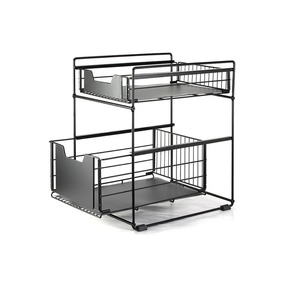 Livista Uittrekbare Organizer – Dubbele Lades – Antislip – Metalen Opbergrek – voor Keuken, Badkamer, Kast en Werkblad – Zwart