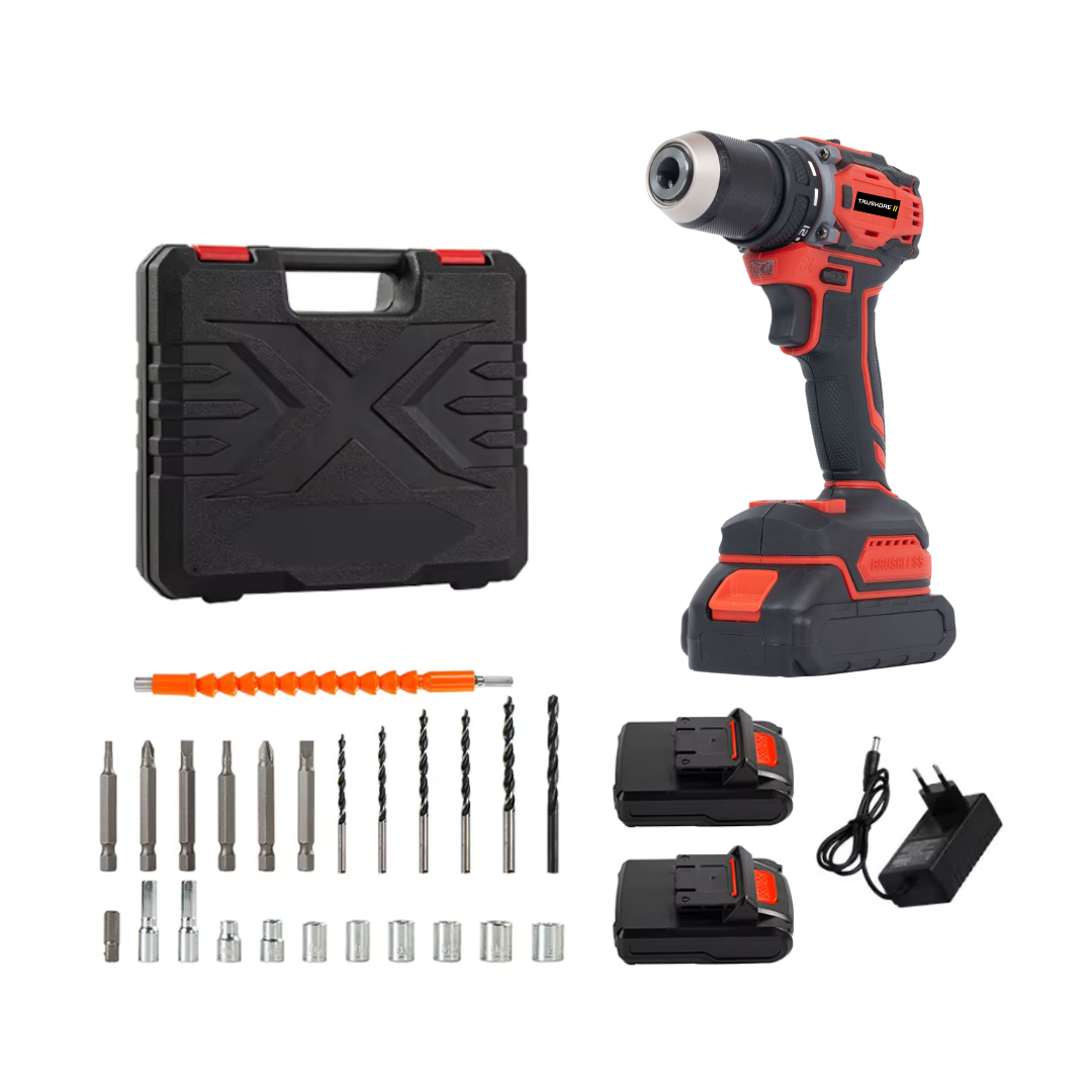 Truskore Borstelloze Boormachine – 2x 2000mAh Accu – Traploze Snelheid – Koperen Motor – Inclusief Accessoires – Rode