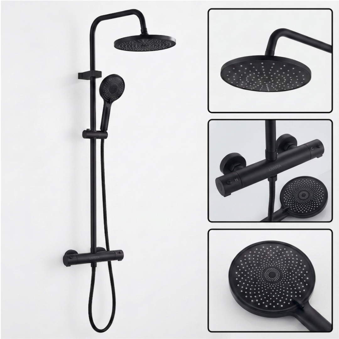 Livista Regendouche Set – Met Thermostaatkraan – Regendouche & Handdouche – 38°C Messing Thermostaatkraan – Douchekolom Wandmontage – Zwart