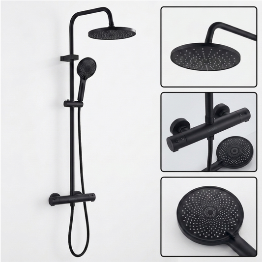Livista Regendouche Set – Met Thermostaatkraan – Regendouche & Handdouche – 38°C Messing Thermostaatkraan – Douchekolom Wandmontage – Zwart