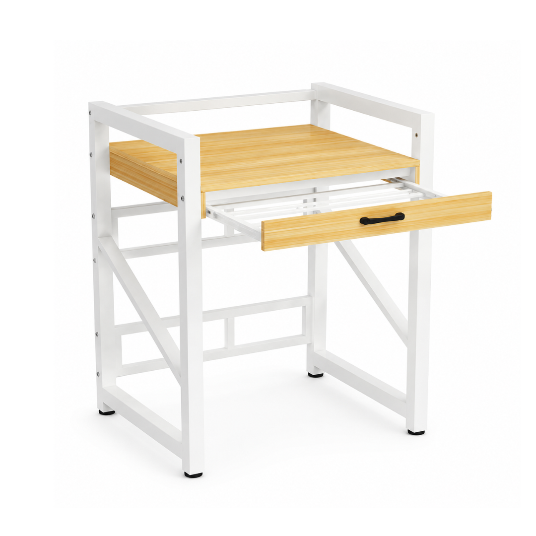 Livista Wasmachinerek - Wasmachine kast - Badkamerrek – Ruimtebesparende Wasmachine Organizer – Stalen Frame – 3 Hoogtestanden – Water-, Kras- en Hittebestendig Werkblad – Antislip Voetjes – Uitschuifbare Hangstang - 200 kg Draagvermogen - Wit/Hout