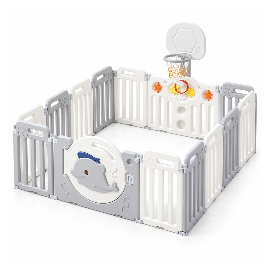 Livista Grondbox Baby –156x156x61cm – Inklapbare Speelbox met Walvisthema – 12+2 Panelen – Verstelbare Basketbalring – Met Zuignappen – Inclusief Kruipmat – Veilig Kinderbox Playpen