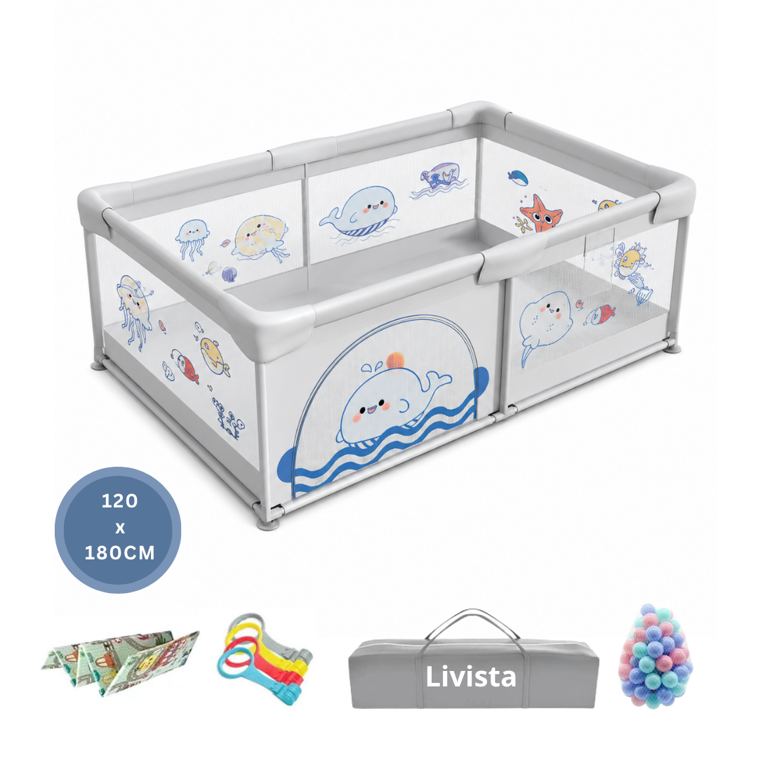 Livista Grondbox Baby - Binnenmaat 120x180cm - Inclusief Kruipmat - Met 60 Speelballen, 4 Trekringen - Met Walvisthema - Kinderbox - Speelbox - Playpen - Met Draagtas - Grijs