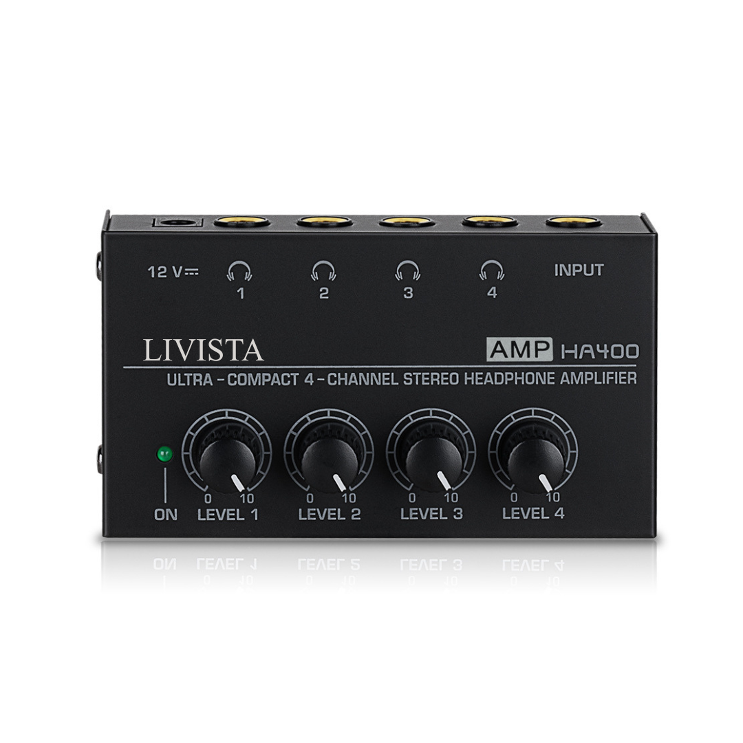 Livista Audio Versterker 4 Kanaals – Hoofdtelefoonversterker – Audio Splitter 4 Weg – 6,35 mm Jack – Microfoon & Instrument Versterker – Studio Audio Hub